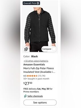 Amazon Essentials Men’s Black Full-Zip Fleece Insulated Vest